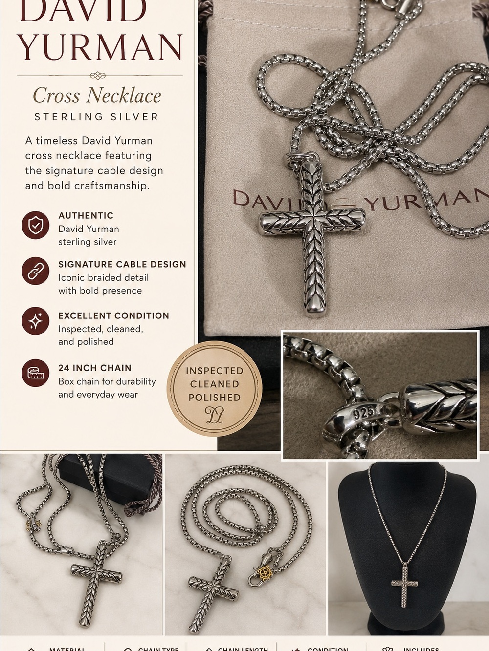 David Yurman Sterling Silver Braided Cable Cross Necklace
